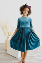 Load image into Gallery viewer, Denim Blue Velvet Twirl Dress
