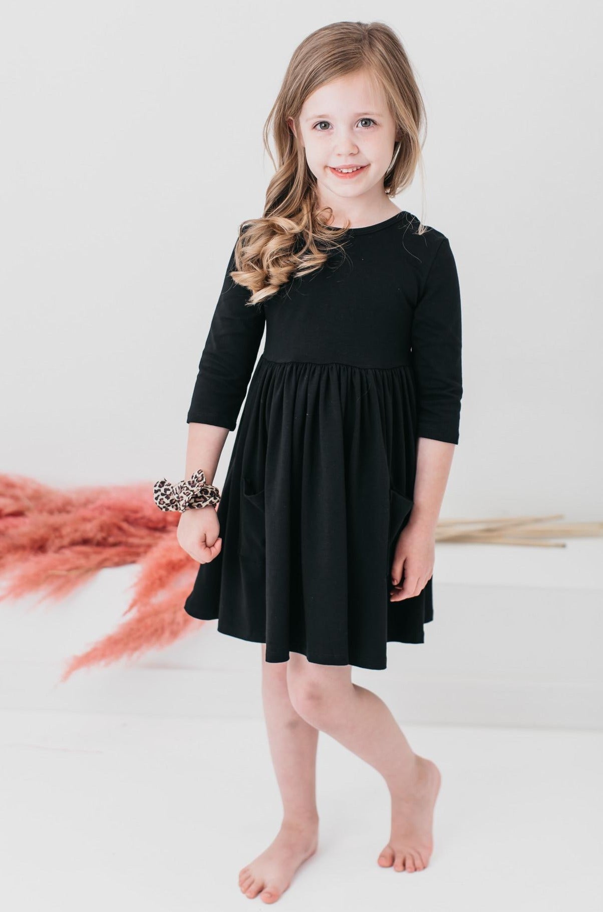 3/4 Sleeve Pocket Twirl Dress - Black