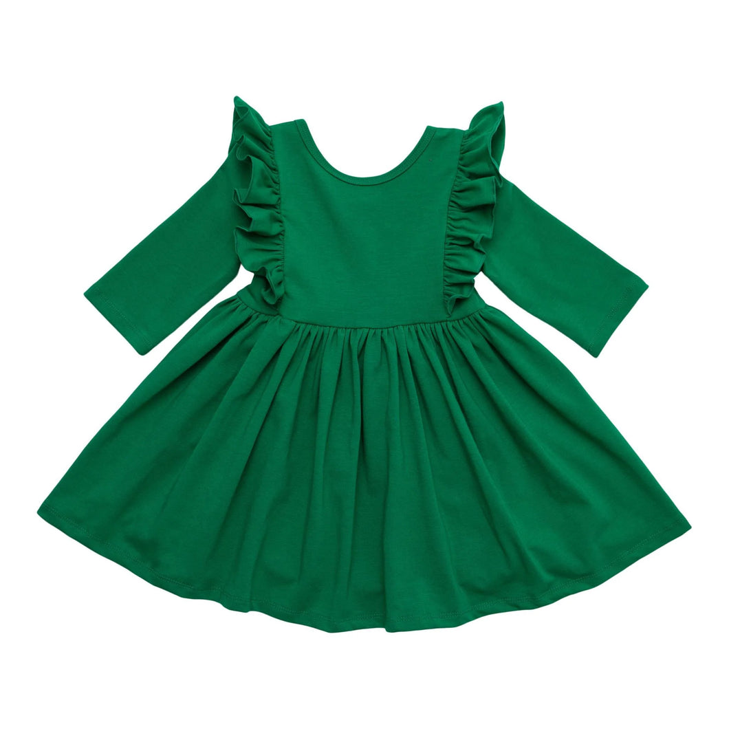 3/4 Sleeve Ruffle Twirl Dress - Emerald Green